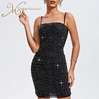 women rhinestone black dress